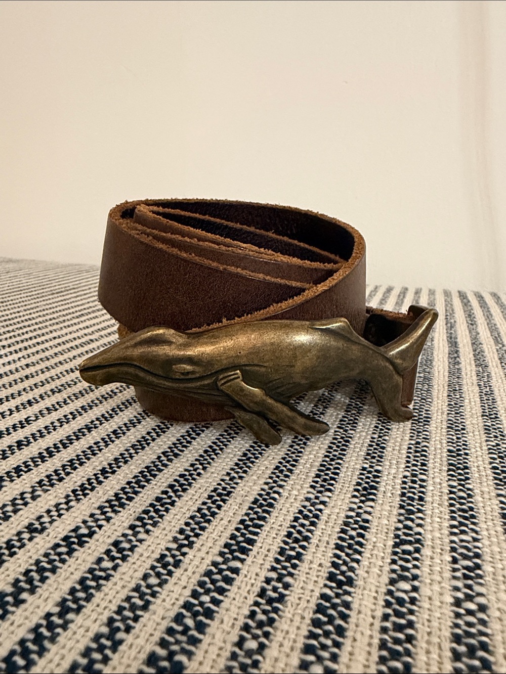 J Crew co. Vintage NYC Brown Leather Men's Belt with Whale Brass Buckle- medium